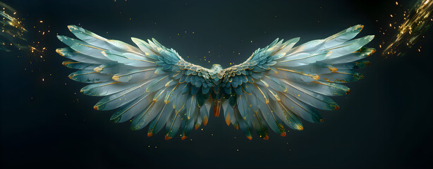 Wall Mural - Angel wings, modern, colorful and arty interpretation of angel mythology, black background. A magic inspiration, beautiful mystic wall art, poster, tattoo template etc.