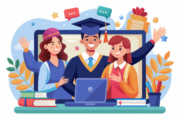 Aufkleber - A group of friends on a video call, celebrating a virtual graduation ceremony together.