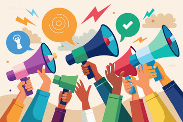 Aufkleber - A group of diverse hands holding colorful megaphones amplify a central message, representing effective content marketing.