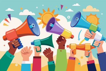 Aufkleber - A group of diverse hands holding colorful megaphones amplify a central message, representing effective content marketing.