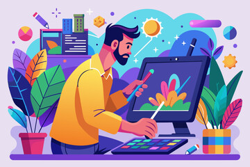 Poster - A graphic designer, using a stylus and a digital canvas, creates a vibrant poster that seems to pop off the screen.