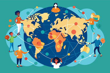 Fototapete - A global map illustrating the interconnectedness of social issues, emphasizing the need for collective action