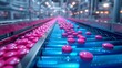 Lush pink pills on blue conveyor belt in futuristic pharmaceutical facility