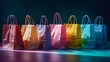 Row of colorful gift bags in soft pastel hues against a dark background