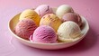 Tasty frozen treat featuring assorted ice cream scoops in pastel dish