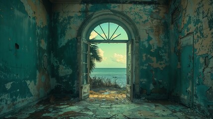 Wall Mural - A doorway stands open, revealing a view of the vast ocean with a single palm tree in sight