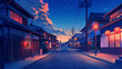 © Vectorsection - Japanese empty street view at night. Lofi anime cartoonish art style background . Soft clouds. lamp lights cozy lofi asian architecture. 16:9 4k resolution. Generative AI