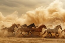 Horse Herd Run In Desert Sand Storm Horse Outdoors Animal.