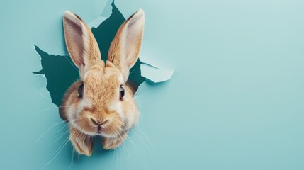 Wall Mural - A humorous rabbit peers through a ripped hole in a contrast pastel color paper background, Ai Generated