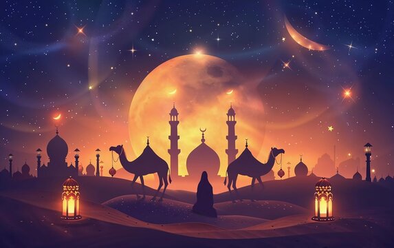 
Eid Al Adha Mubarak Greeting Islamic Illustration Background Vector Design With arabic calligraphy, lantern, camel for Card, wallpaper, banner
