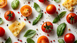 Colorful pizza ingredients pattern made of cherry tomatoes, basil and cheese on white background, Cooking concept