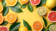 Creative background made of summer tropical fruits with leaves, grapefruit, orange, tangerine, lemon, lime on pastel yellow background, Food concept, Flat lay, top view, copy space