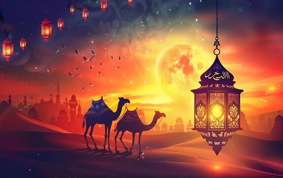 
Eid Al Adha Mubarak Greeting Islamic Illustration Background Vector Design With arabic calligraphy, lantern, camel for Card, wallpaper, banner