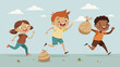 Children running around with glee as they participate in classic games like potato sack races and threelegged races.. Vector illustration