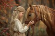 Young blonde girl stroking a brown horse person halter animal.