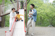 新緑の公園の滑り台で遊ぶアジア人（日本人）の親子 4人家族　子育てや育児の休日のイメージ	