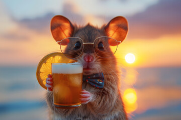 Wall Mural - Realistic happy mouse with sunglasses and bow tie holding a cocktail on sunset party beach. Holiday summer vacation relax vibe concept.