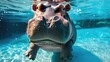 Hilarious underwater scene hippopotamus in pool plays deep dive action, Ai Generated.