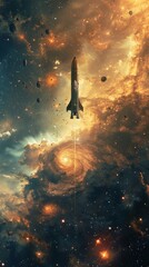 Sticker - spacecraft in cosmic landscape: exploring celestial vistas