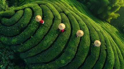 Drone perspective, aerial view, food photography, tea-picking girls wearing bamboo hats picking tea leaves in the tea terraces, spring, green elements, nature