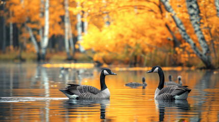 Wall Mural - Canadian geese floating on a woodland pond in autumn