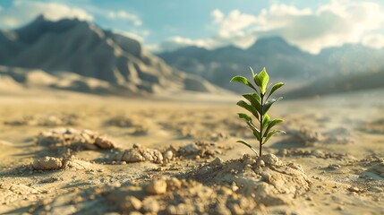 Wall Mural - A plant growing in the sand with mountains in the back
