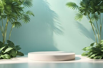 Wall Mural - A white pedestal with a green background and a palm tree in the foreground