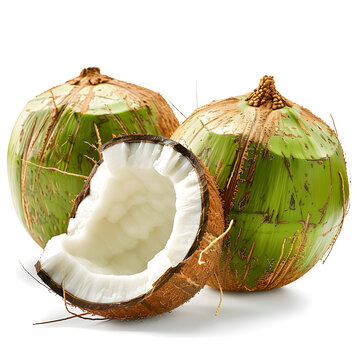 Three green coconuts, one cut in half, on a white background