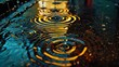 A series of concentric circles formed by raindrops falling into a puddle on a city sidewalk..