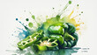 Vibrant blend of realism and abstract art, featuring green bell peppers amidst a dynamic splash of colorful paint