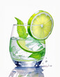 A refreshing drink with lime slices, mint leaves in a glass, splashing water creates a dynamic look