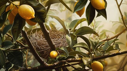Wall Mural - A depiction of a lemon tree with a bird's nest nestled among the branches --ar 16:9 Job ID: 9a7421ad-9371-43f0-9611-97d347602887