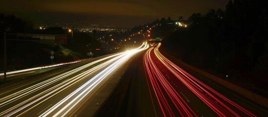 City highway lane at night with fast vehicle lights.