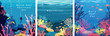 © SappiStudio - World Reef Awareness Day on June 1st. Set of Social media banners. Sea underwater elements. A vibrant coral backdrop, Underwater ocean scene. Blue water, coral reef, Ocean Day concept. Square post.