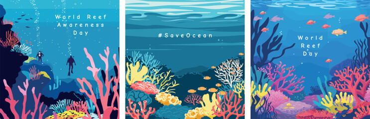 World Reef Awareness Day on June 1st. Set of Social media banners. Sea underwater elements. A vibrant coral backdrop, Underwater ocean scene. Blue water, coral reef, Ocean Day concept. Square post.