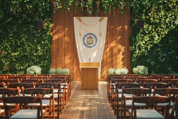 School graduation scene with wooden podium and chairs adorned with caps and diplomas