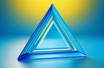 Glass triangle 3D bright blue color on bright yellow background