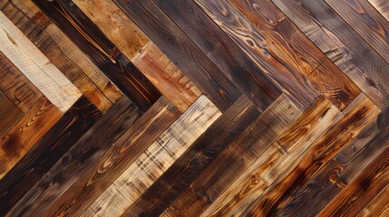 High-angle view of a diagonally patterned rustic wooden panel flooring