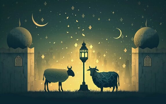 
The Muslim holiday Eid al-Adha. Sheep and Cows. graphic design decoration. mosque and lights. A very beautiful Eid al-Adha
