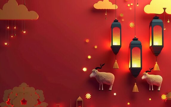 
The Muslim holiday Eid al-Adha. Sheep and Cows. graphic design decoration. mosque and lights. A very beautiful Eid al-Adha