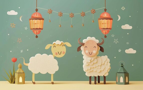 
The Muslim holiday Eid al-Adha. Sheep and Cows. graphic design decoration. mosque and lights. A very beautiful Eid al-Adha
