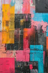 Canvas Print - A blend of urban newspapers, colorful paint, and street artwork creates a unique graffiti collage with a grunge aesthetic.