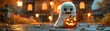 Friendly ghost character holding a pumpkin with a haunted house backdrop