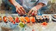 Evocative watercolor of sushi preparation, focusing on the chef's skilled hands and the fresh, colorful ingredients