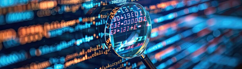 Magnifying glass highlighting digital code on a computer screen
