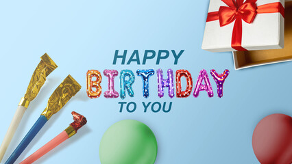 Poster - Colorful birthday balloons and birthday party stuff ornament with gift box and happy birthday greeting text