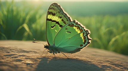 a green moth  closeup, big  green moth  from  infront of Sunset 