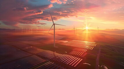 Poster - aerial view of wind turbines and solar panels in a vast field at sunset renewable energy concept digital illustration