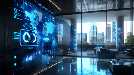 Poster - business data statistics virtual hologram display in modern office, business sales growth stats, business data analysis 