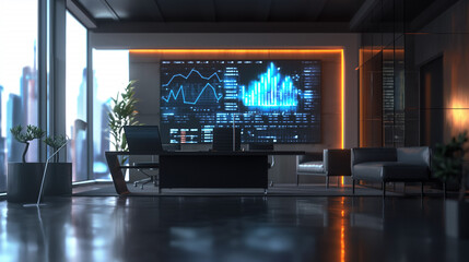 Poster - business data statistics virtual hologram display in modern office, business sales growth stats, business data analysis 